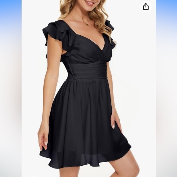 NWT  VNeck Dress Sleeveless Ruffle Shoulders A-Line Flowy Dresses w/Smocked Back - Picture 2 of 4